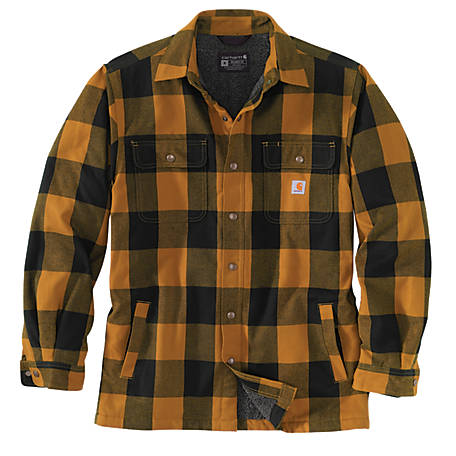 Carhartt Sherpa Lined Flannel Shirt Jacket (Shacket) in Carhartt Brown Black Plaid