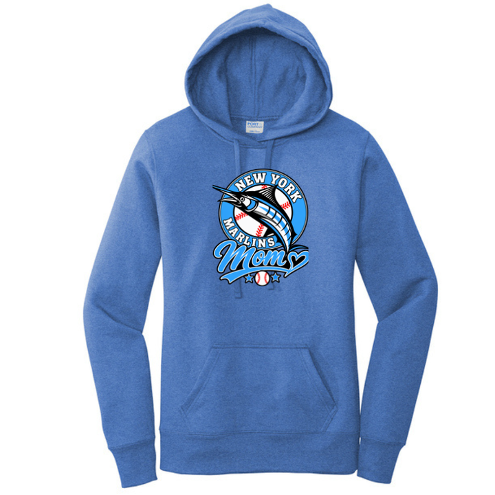 NY Marlins Ladies Cut Core Fleece Pullover Hooded Sweatshirt | Heather Royal