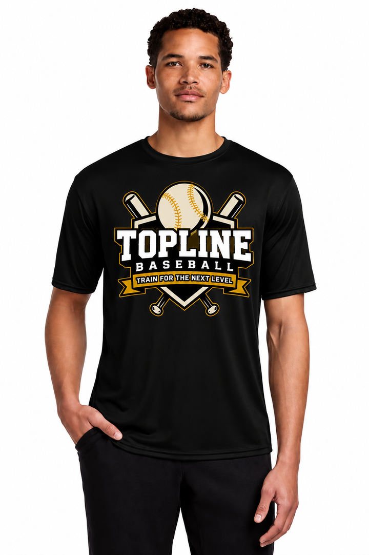 Topline Adult &amp; Youth Moisture Wicking Training Tee | Grey or Black | Cross Bats Logo | Optional Name
