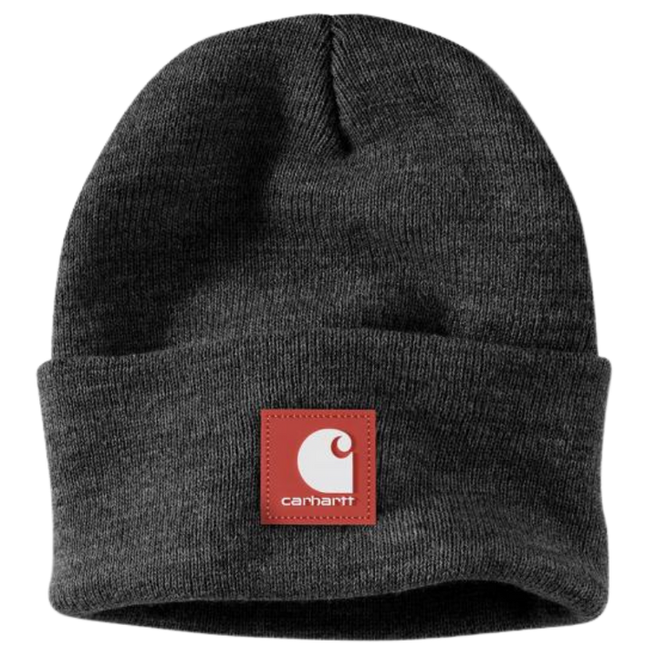 Knit Rubber Patch Beanie | Coal Heather, Bright Orange