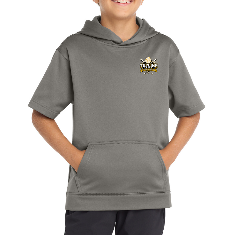 Topline Adult &amp; Youth Sport-Wick Fleece Short Sleeve Hooded Pullover | Grey or Black | Front Cross Bats and Back Print