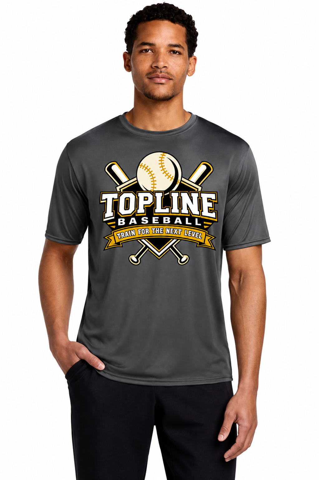 Topline Adult &amp; Youth Moisture Wicking Training Tee | Grey or Black | Cross Bats Logo | Optional Name