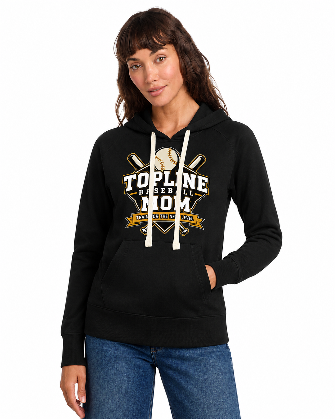 Topline Womens Sustainable Fleece Hoodie | Grey or Black | Front Cross Bats Mom Print