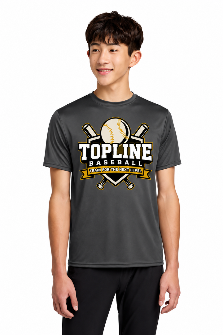 Topline Adult &amp; Youth Moisture Wicking Training Tee | Grey or Black | Cross Bats Logo | Optional Name