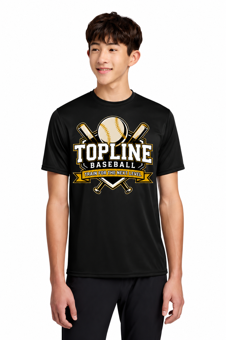 Topline Adult &amp; Youth Moisture Wicking Training Tee | Grey or Black | Cross Bats Logo | Optional Name