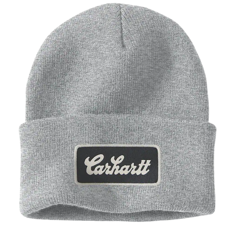 Knit Cuffed Script Patch Beanie | Heather Grey