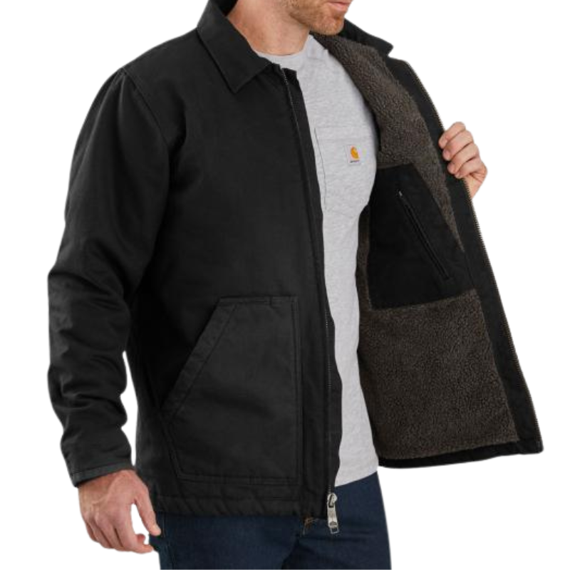 Loose Fit Washed Duck Sherpa-Lined Coat | Black
