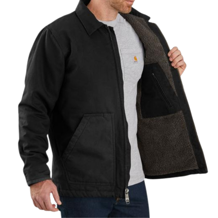 Loose Fit Washed Duck Sherpa-Lined Coat | Black