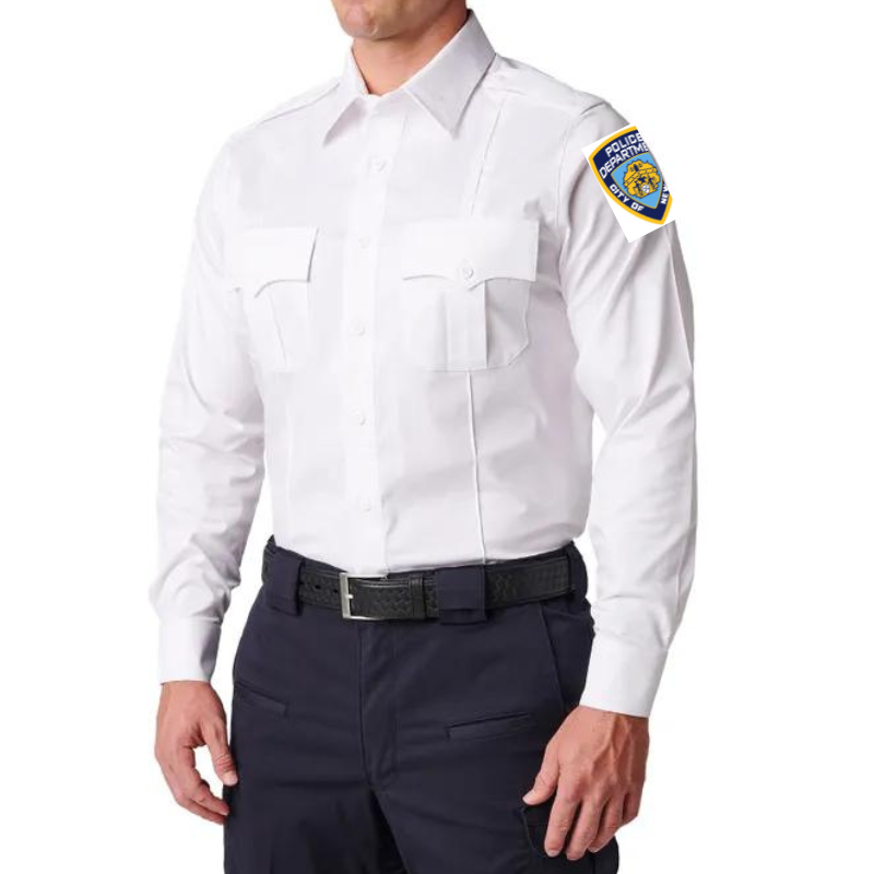 NYPD Stryke Twill Stretch Long Sleeve Shirt with NYPD Patches sewn on | Navy or White