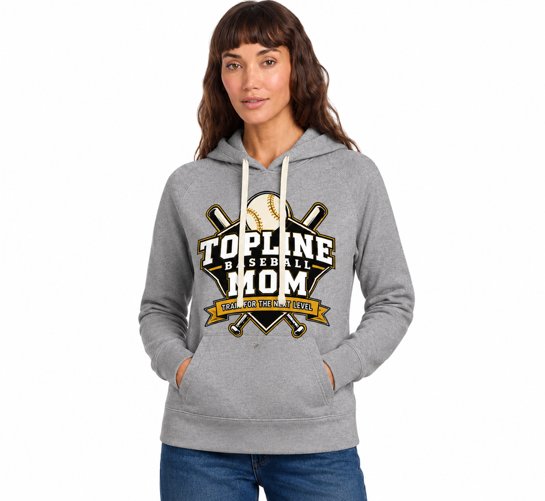 Topline Womens Sustainable Fleece Hoodie | Grey or Black | Front Cross Bats Mom Print