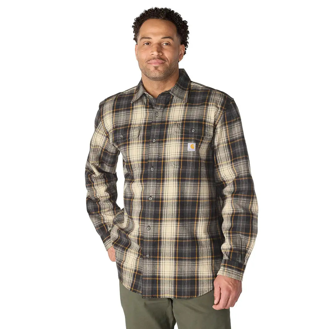 Loose Fit Heavyweight Flannel LS Plaid Shirt - Black