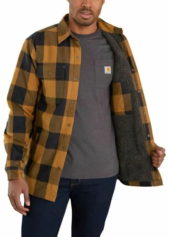 Carhartt Sherpa Lined Flannel Shirt Jacket (Shacket) in Carhartt Brown Black Plaid