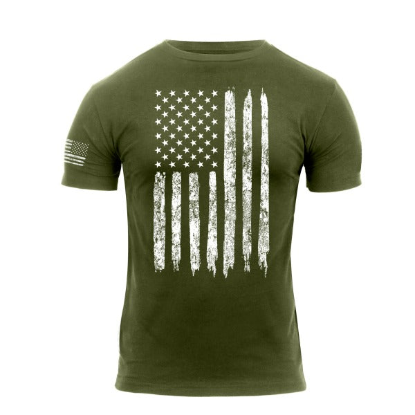 Distressed US Flag Athletic Fit T-Shirt | Olive