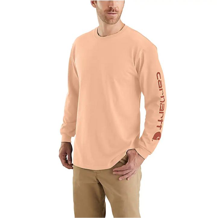Loose Fit Heavyweight Long-Sleeve Logo Sleeve Graphic T-Shirt | Moonstone, Fire Red Heather, Pale Apricot